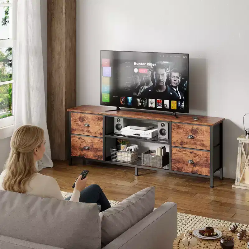 63 Inch Brown TV Stand for TVs up to 70 Inch Media Console Entertainment Center 4 Drawers Open Shelves