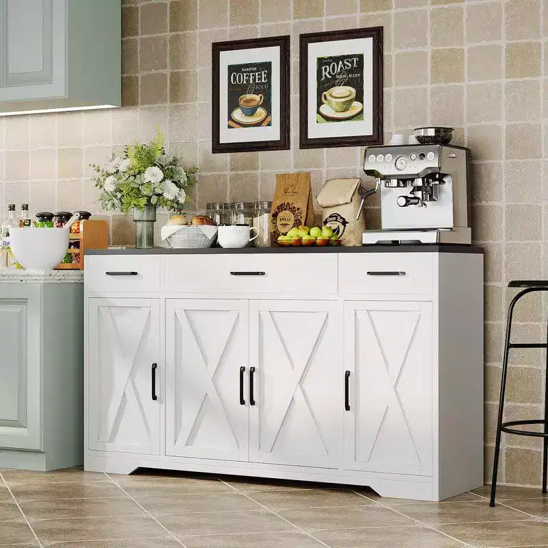 Coolmee Buffet Cabinet with Drawers, 55 inch Wood Coffee Bar Large Sideboard Buffet Storage Cabinet with Shelves and Doors for Kitchen Dining Room