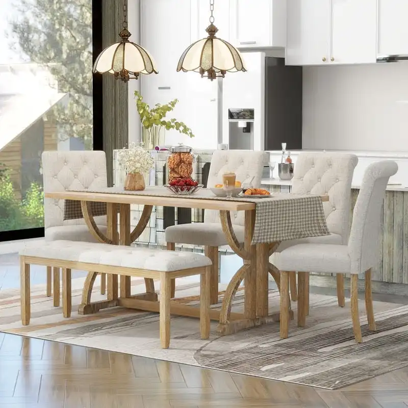 6-Piece Retro Rectangular Dining Table Set, Table with Unique Legs and 4 Upholstered Chairs & 1 Bench for Dining Room