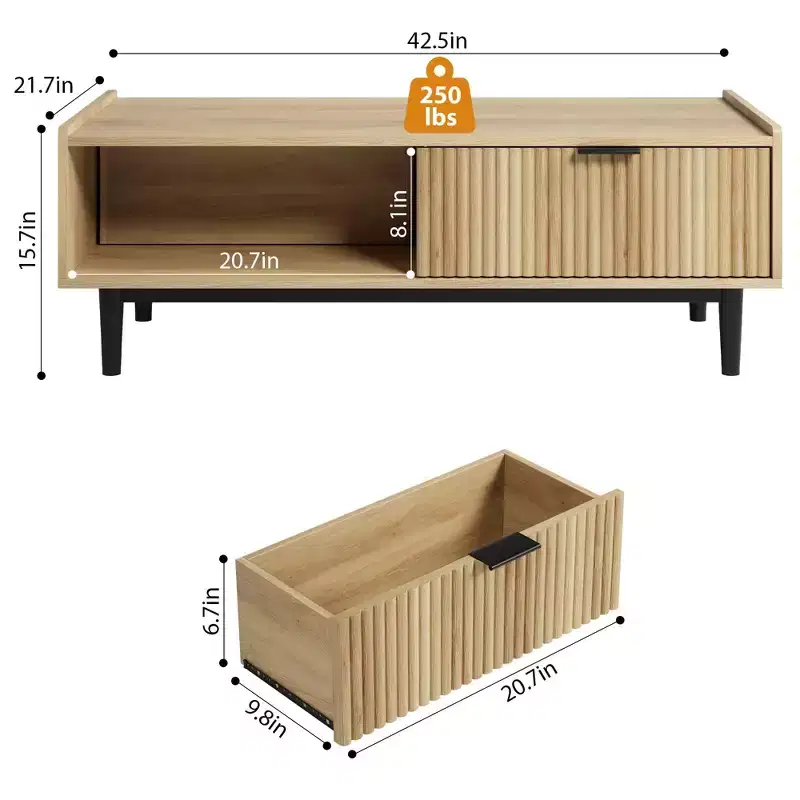 Coffee Table 42.5 Mid Century Modern Center Table with Drawer Fluted Living Room Table with Open Shelf Rectangle Coffee Table Easy Assembly