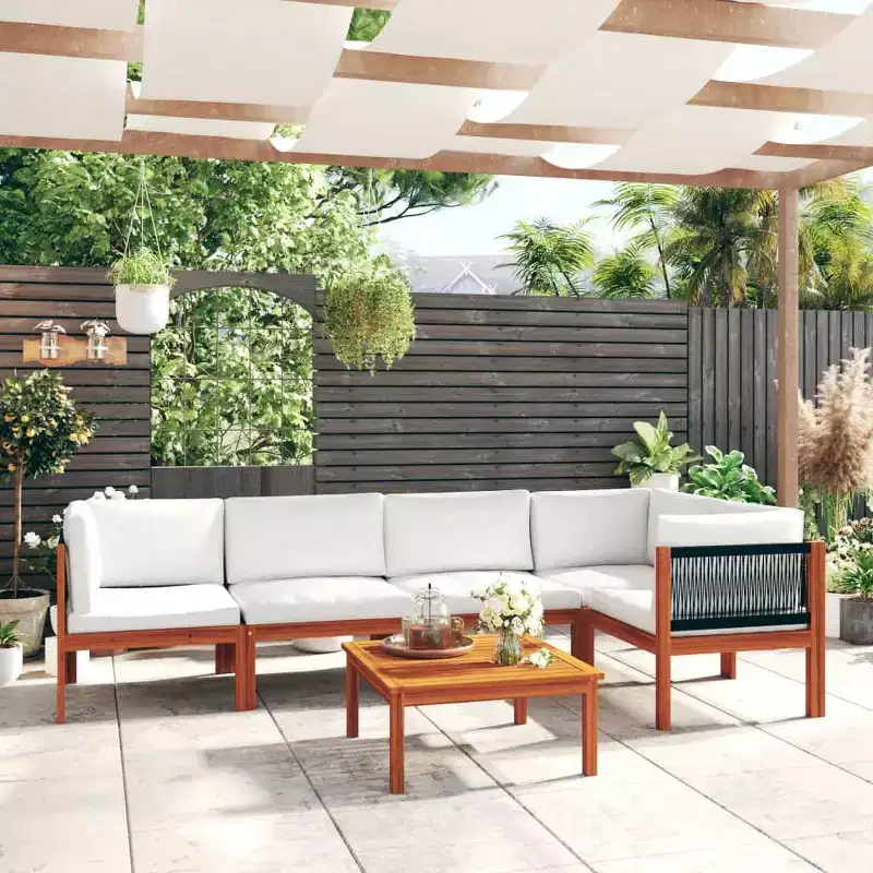 vidaXL Solid Acacia Wood Patio Lounge Set with Cream White Cushions - 6-Piece Outdoor/Indoor Garden Furniture Set