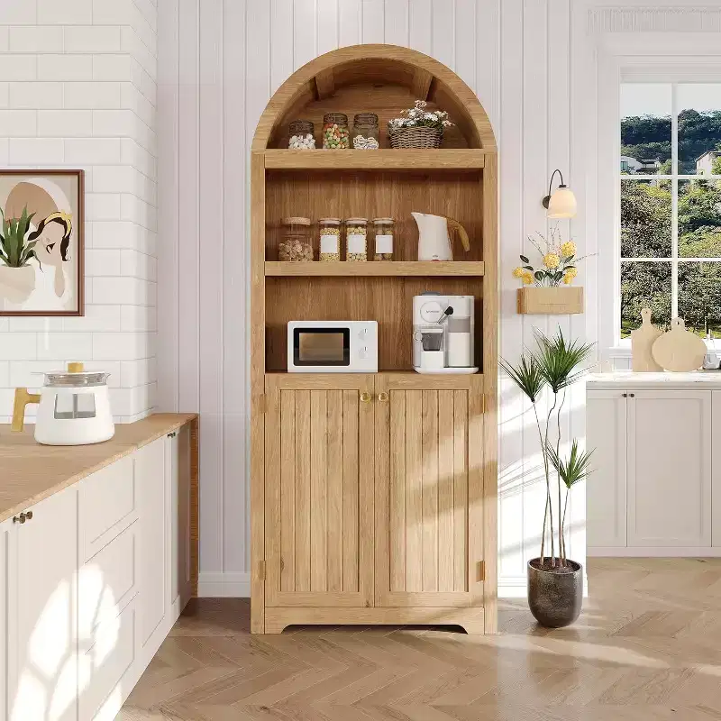 72 in Modern White Arched Cabinet - 5-Tier Wooden Pantry Double Doors Adjustable Shelf Black Handles, Freestanding Bookcase for Living Room