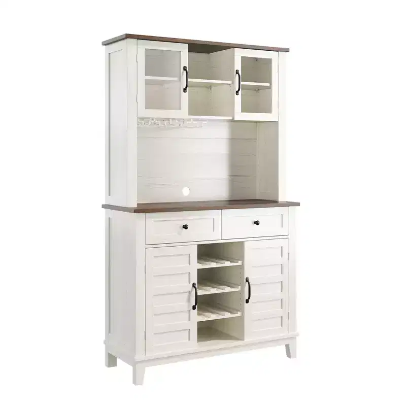72 Farmhouse Bar Cabinet - Wine Storage w/9 Bottle Rack, 4 Glass Holder & Adjustable Shelf, White