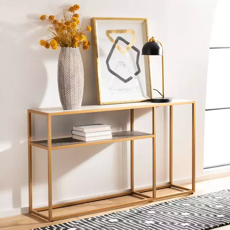 Console Table with Open Shelf — Modern Gold Frame, Staggered Tiers