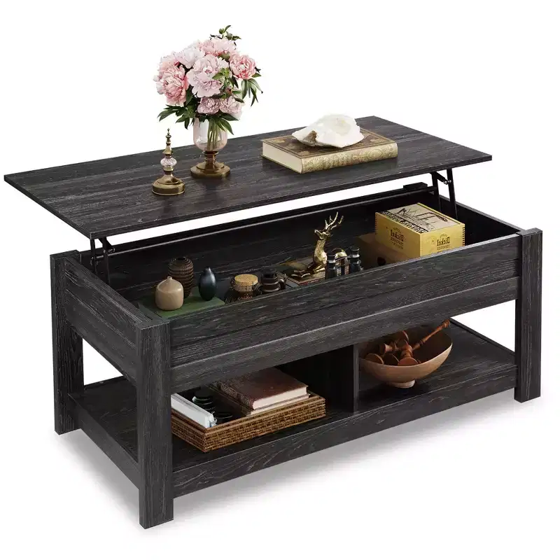 Lift Top Coffee Table with Hidden Compartment & 2 Shelves, Espresso / Rustic Brown