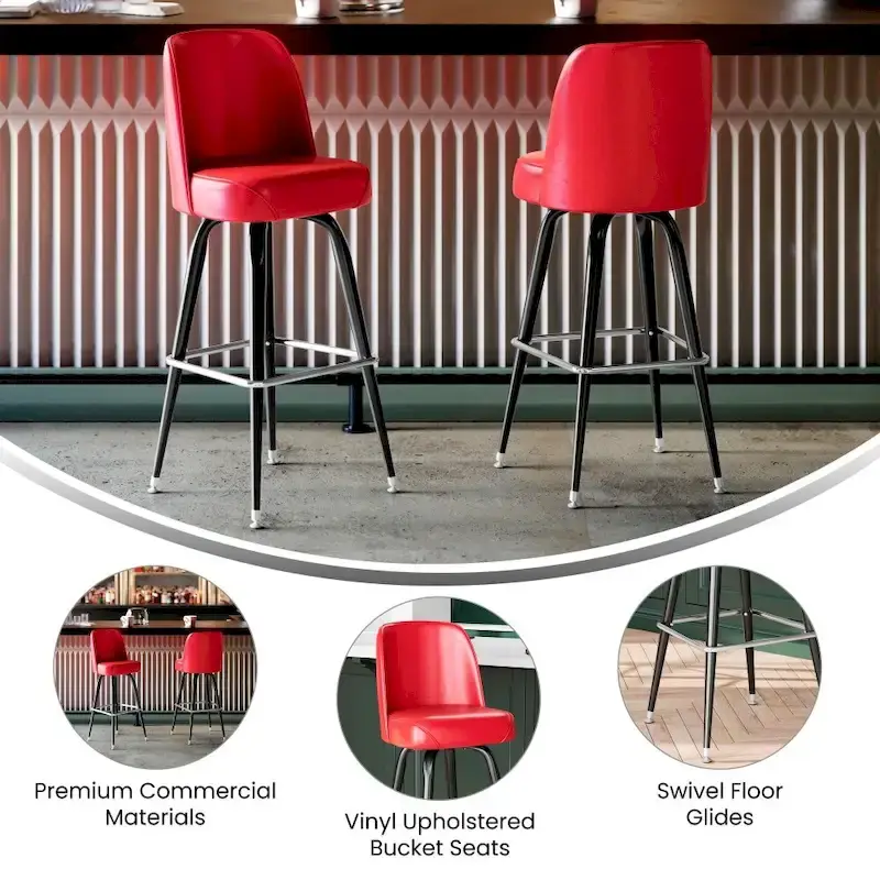 Metal Barstool with Swivel Vinyl Upholstered Bucket Seat and Footrest - 18.5D x 18.5W x 42.5H