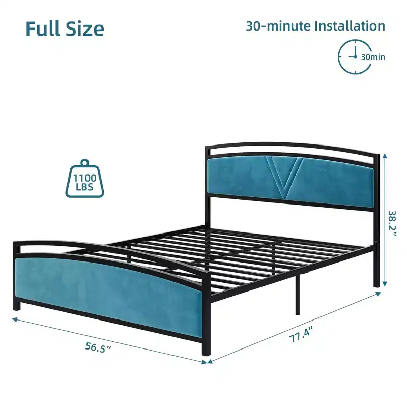 Bed Frame, Velvet Upholstered Bed Frame with Arc Design Headboard and Footboard, Modern Platform Bed with Adjustable Headboard