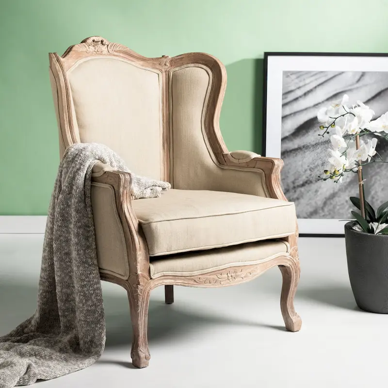 Kali Oak Natural Linen Wing Chair - 34Wx34Dx40H