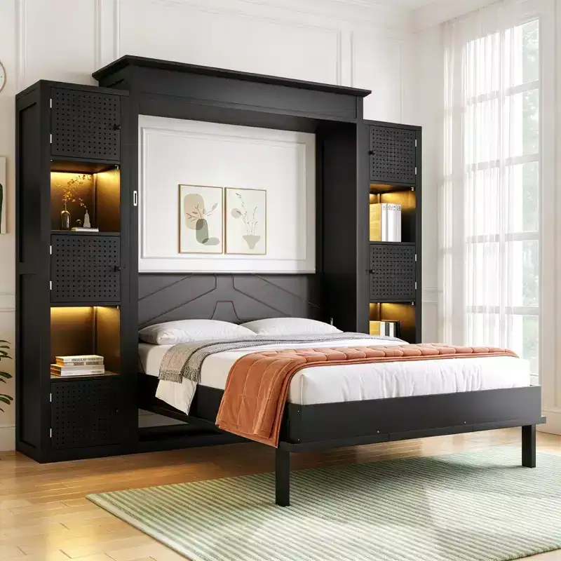 Luxystar Modern Queen Murphy Bed with 10 Storage Shelves and Upholstered Headboard, Black