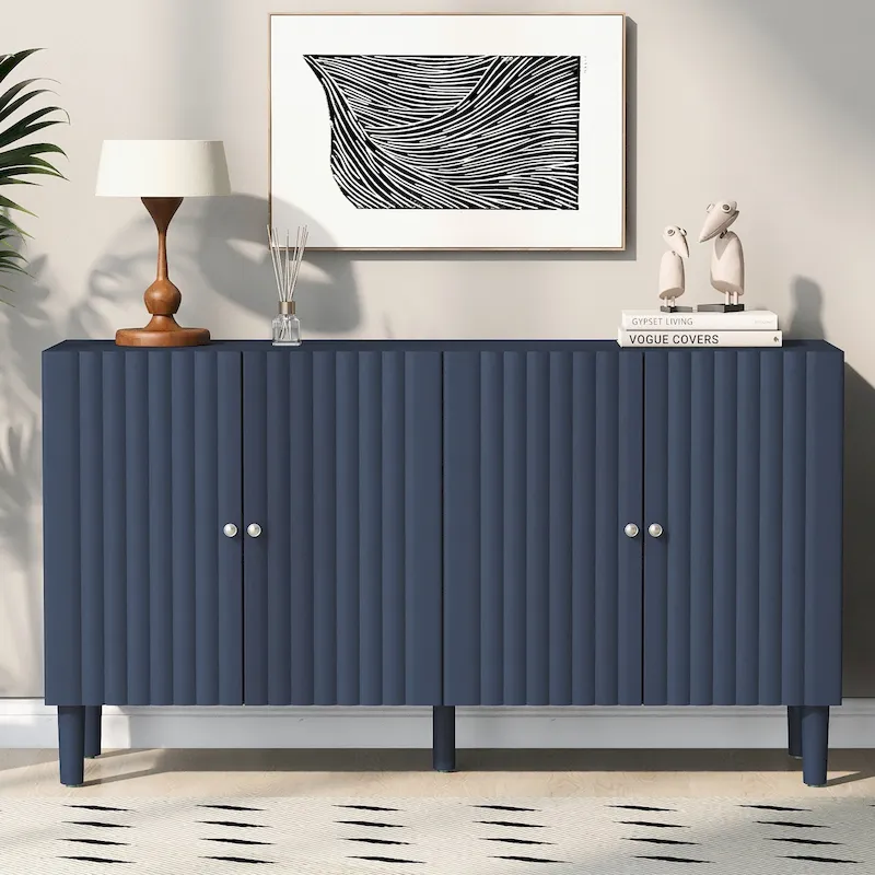 Elegant Four-Door Sideboard with Wavy Pattern Doors, Cylindrical Legs, and Sleek Metal Handles, Adjustable, for Living Room
