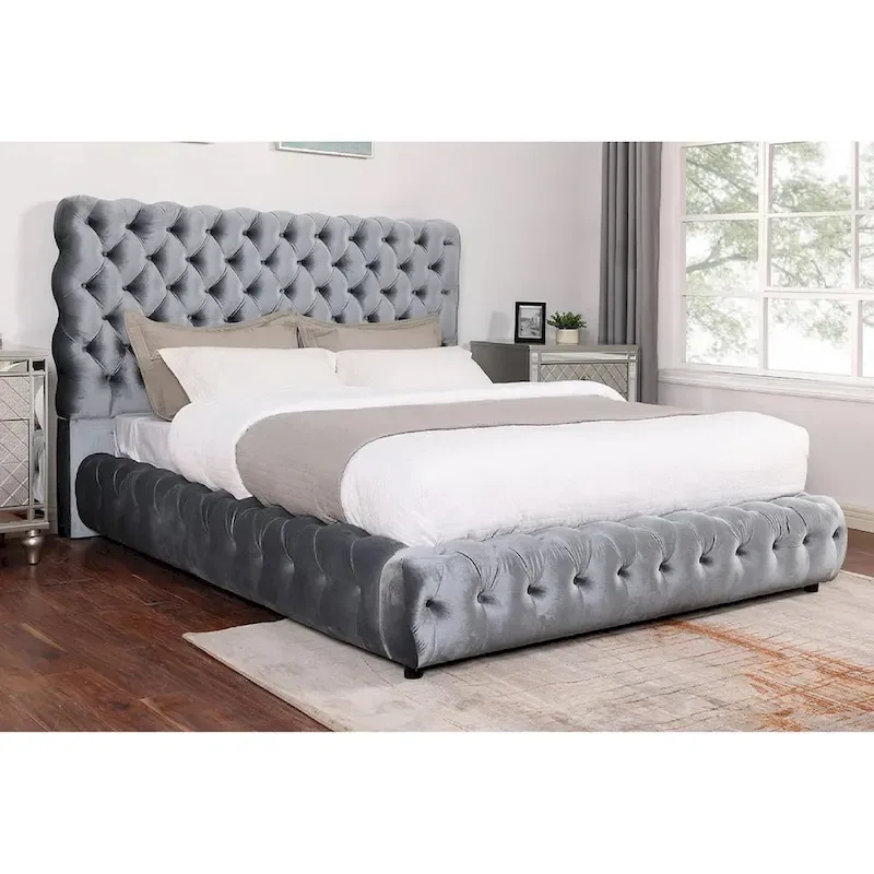 Black Upholstered King Bed with Tufted Headboard and Footboard