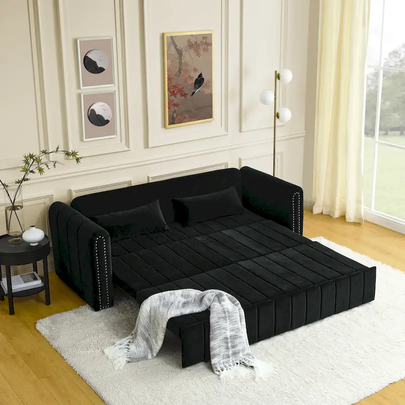 3 in 1 Pull-Out Sleeper Sofa Bed,Modern Convertible 3 Seats Lounge Futon Sofabed with Rolled Arms Decorated with Copper Nails