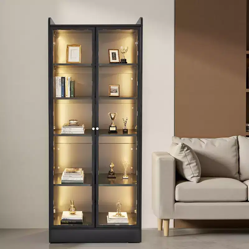Display Cabinet with Doors, 67 in Tall Lighted Display Case with 2 Adjustable Shelves, 5-Tier Curio Collectibles Storage Cabinet, Black