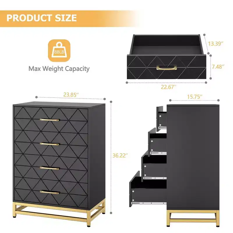 Dresser for Bedroom with 4 Drawer Dresser, Chest of Drawer with Metal Handle, Sturdy Frame Modern Bedroom Furniture