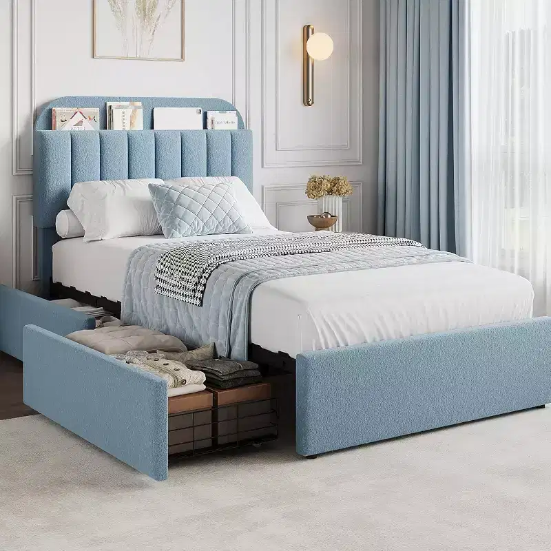 Platform Bed Frame, Faux Fur Upholstered Bed Frame with Storage Headboard, 2 Rolling Drawers