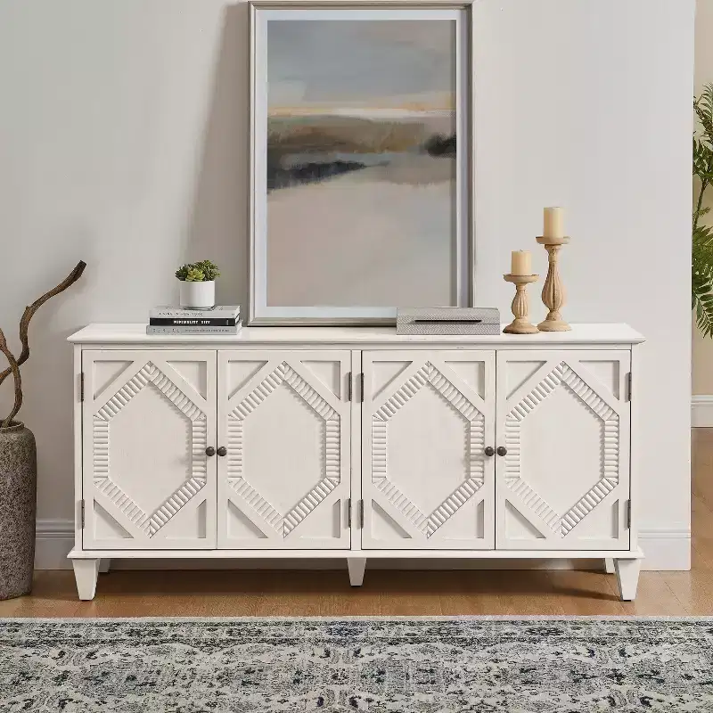 65.2-Inch Mid-Century Modern Sideboard Buffet Cabinet with Storage, Geometric Accent Coffee Bar Wine Cabinet for Living Room or Kitchen