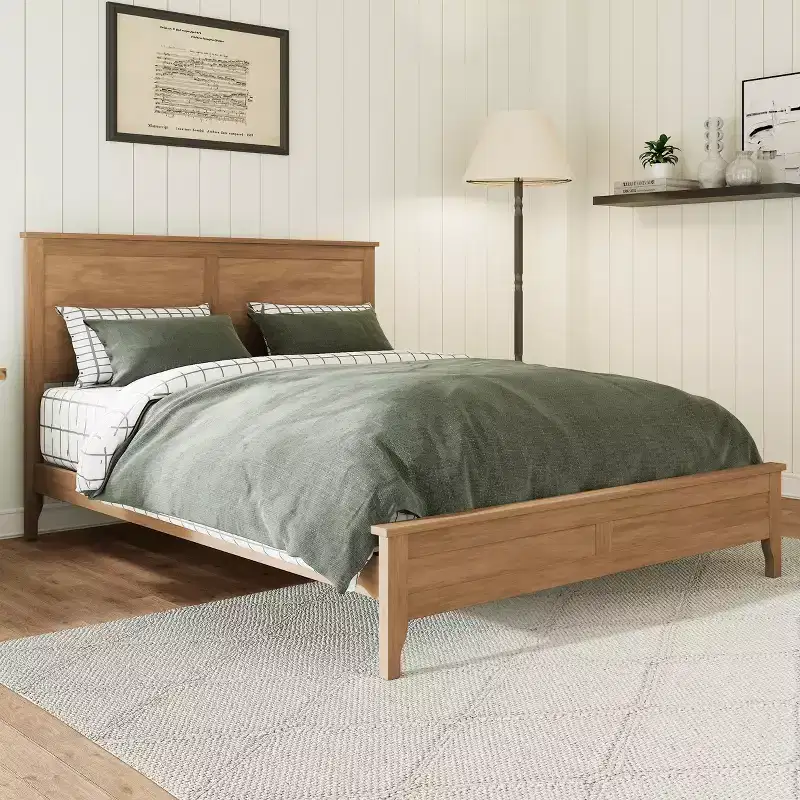 Solid Wood King Size Platform Bed with Headboard and Sturdy Wooden Slats