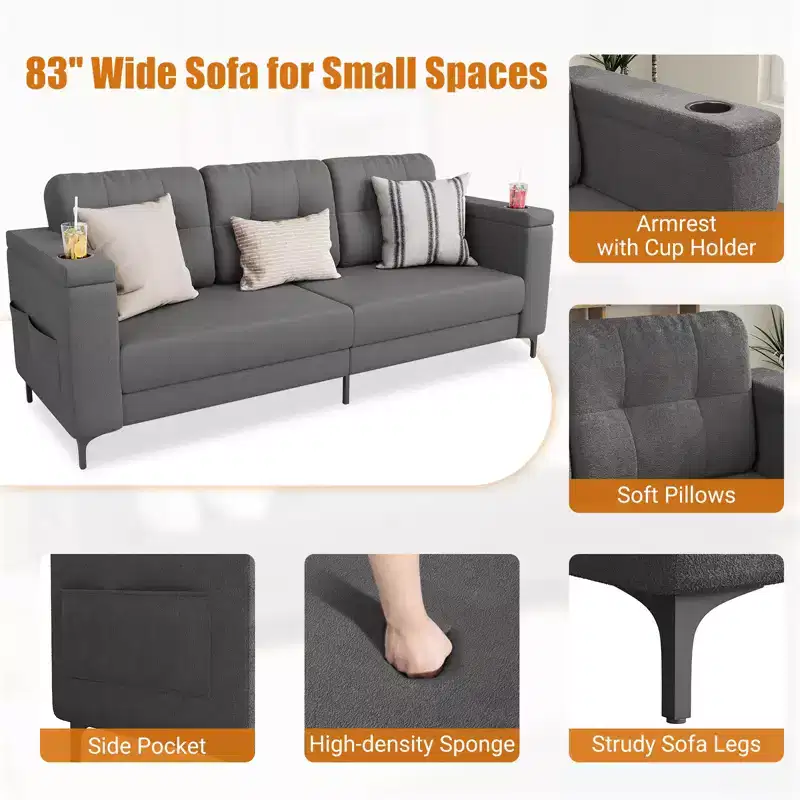 Sofas for Living Room, 84 Inch with Storage Armrests, Comfy Teddy Fleece Small Couch with Cup Holders and Convenient Side Pockets for Apartment