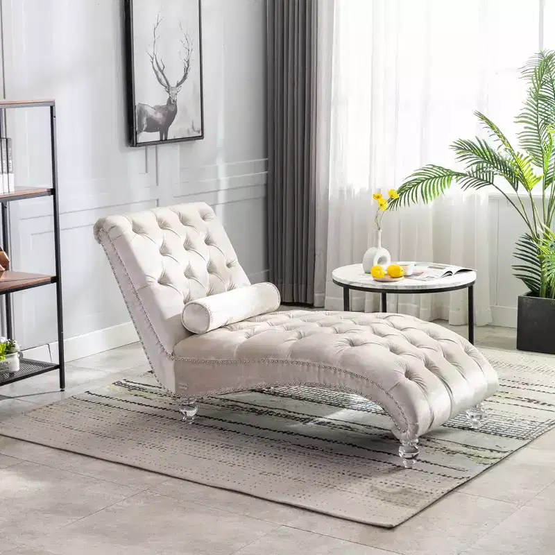 Luxurious Velvet Button Tufted Chaise Lounge Chair with Transparent Feet,Comfy Upholstered Accent Chair for Bedroom,Living Room,Office