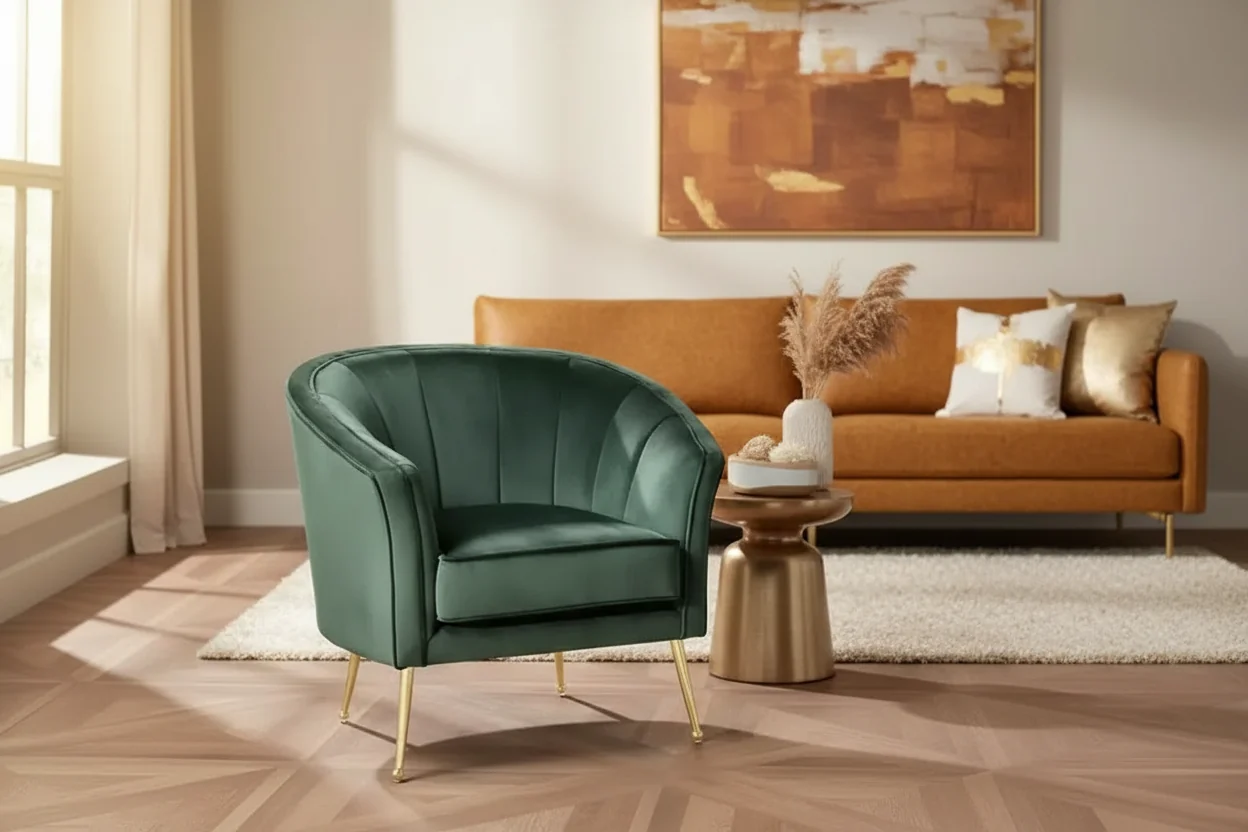 Green Velvet and Gold Tufted Accent Chair
