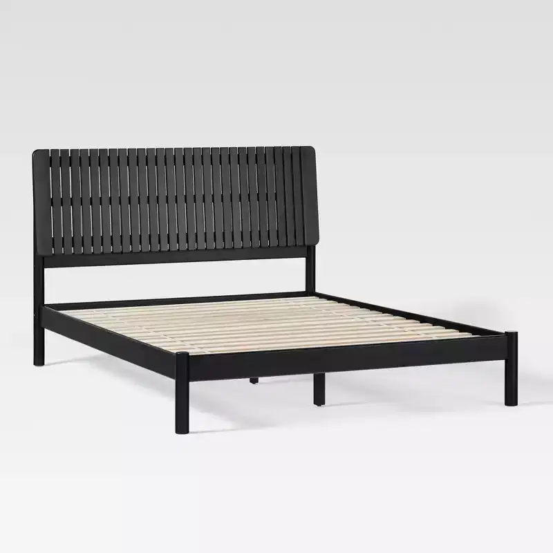 Queen Bed Frame with Vertical Slat Headboard, Platform Base, No Box Spring Needed