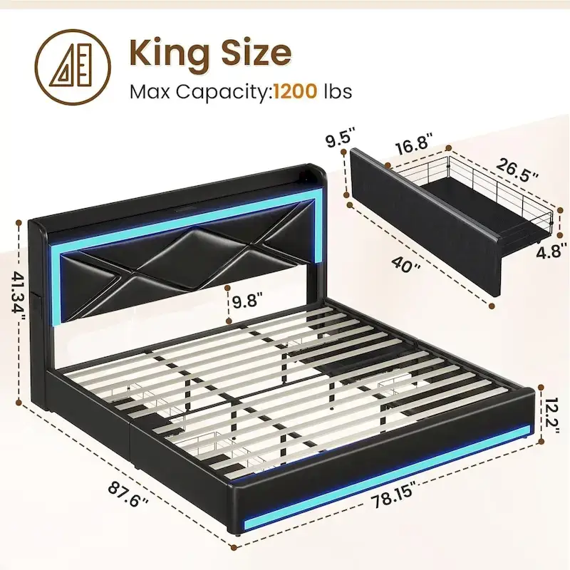 Bed Frame LED Lights Headboard & USB-C/A Charging Station 4 Drawers