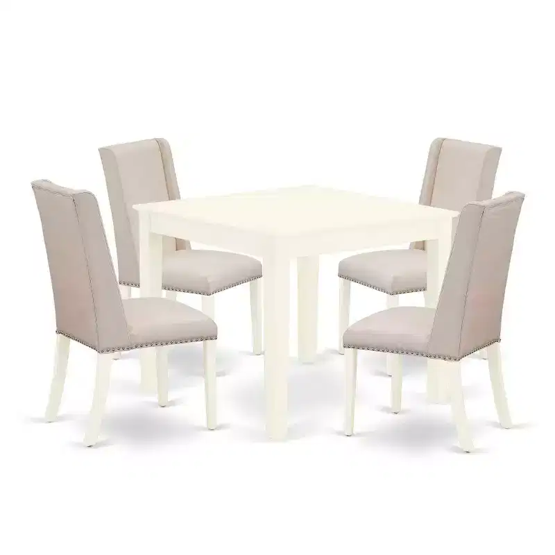 HomeStock 5-Pc Linen White Finish Solid Wood Top - Dining Room Set with High Back - Seats 4