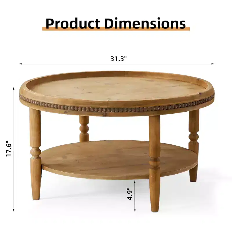 31.3in Round Coffee Table with Beaded Trim, Two Tier Rustic Storage Table for Living Room Balcony, Brown