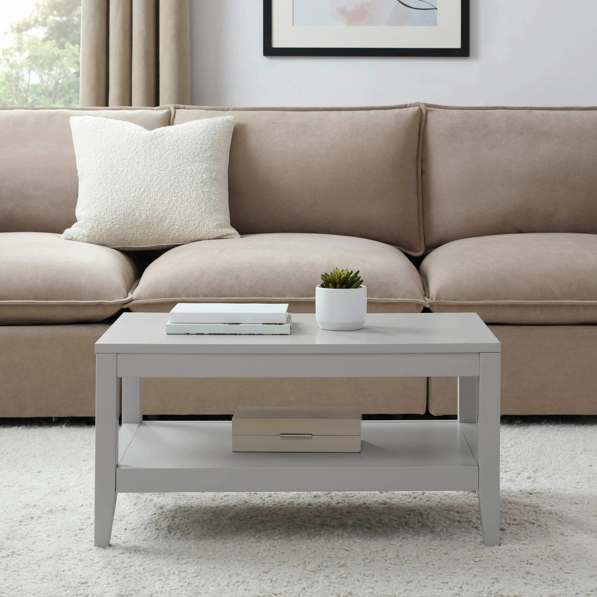 Modern Grey Painted Coffee Table with Open Shelf Storage for Living Room