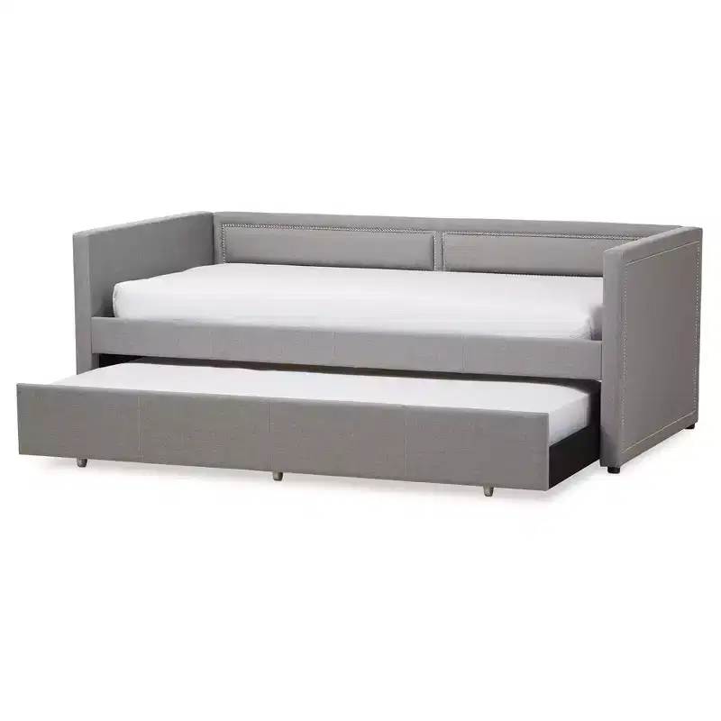 Twin Raymond Modern and Contemporary Fabric Nailhead Trimmed Sofa Daybed with Roll Out Trundle Guest Bed Gray: Rubberwood Frame