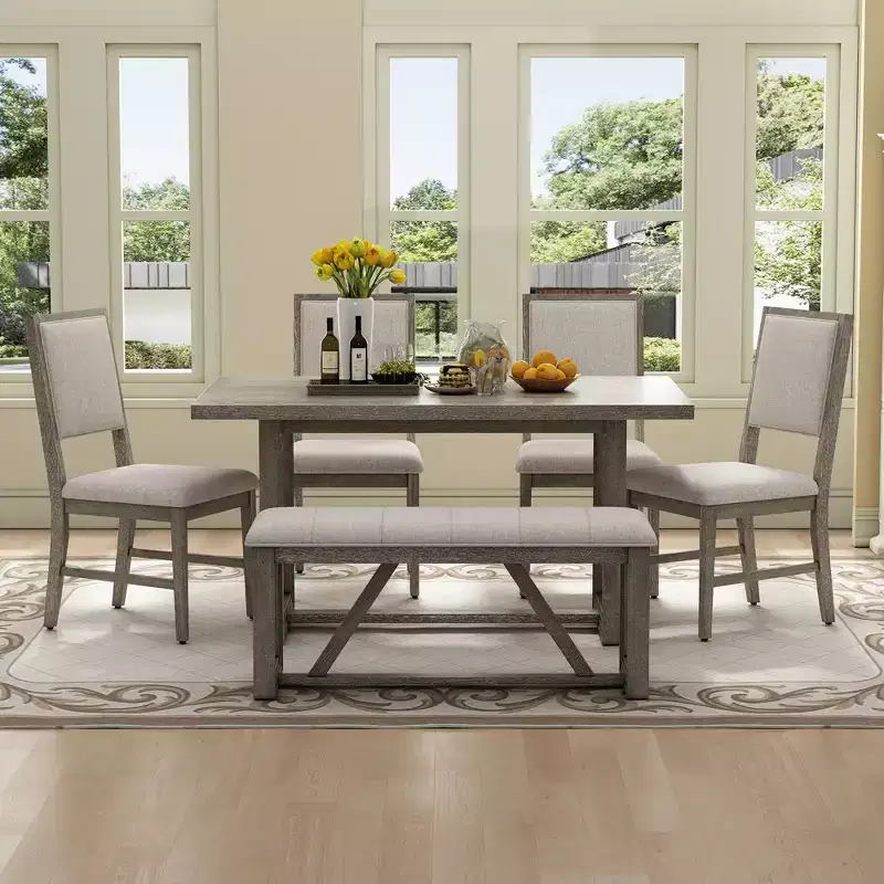 GDFStudio Monica 6 Piece Dining Set with 60 Wood Table and Upholstered Chairs&Bench