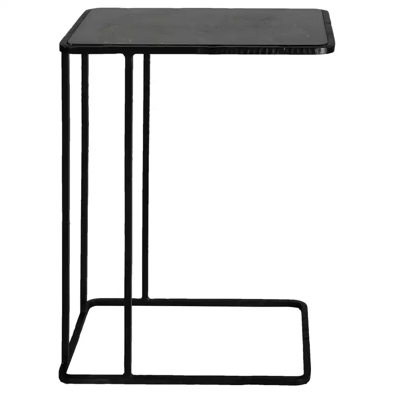 Rectangular Bluestone Top Accent Table with Black Iron Frame & Carved Details, 24