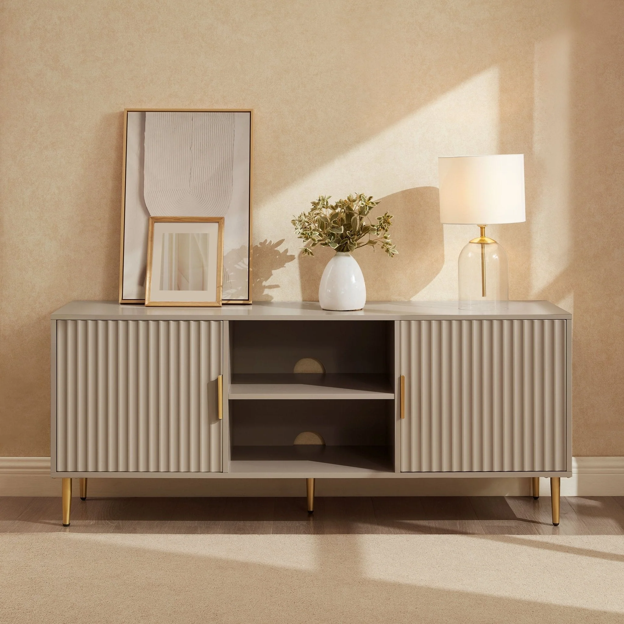 Modern Taupe Painted TV Unit with Gold Accents for TVs up to 65 Inch for Living Room II