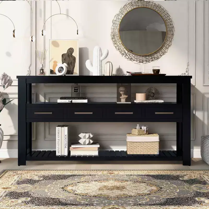 Okak 62.2IN Narrow Console Table with 2 Shelves, Entryway Table with 4 Drawers and Metal Handles, Accent Table for Entryway, Living Room