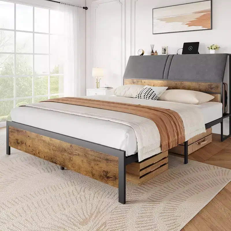 Full Size Platform Bed Frame with Ergonomic Upholstered Headboard, Metal Platform, Noise-Free, No Box Spring Required
