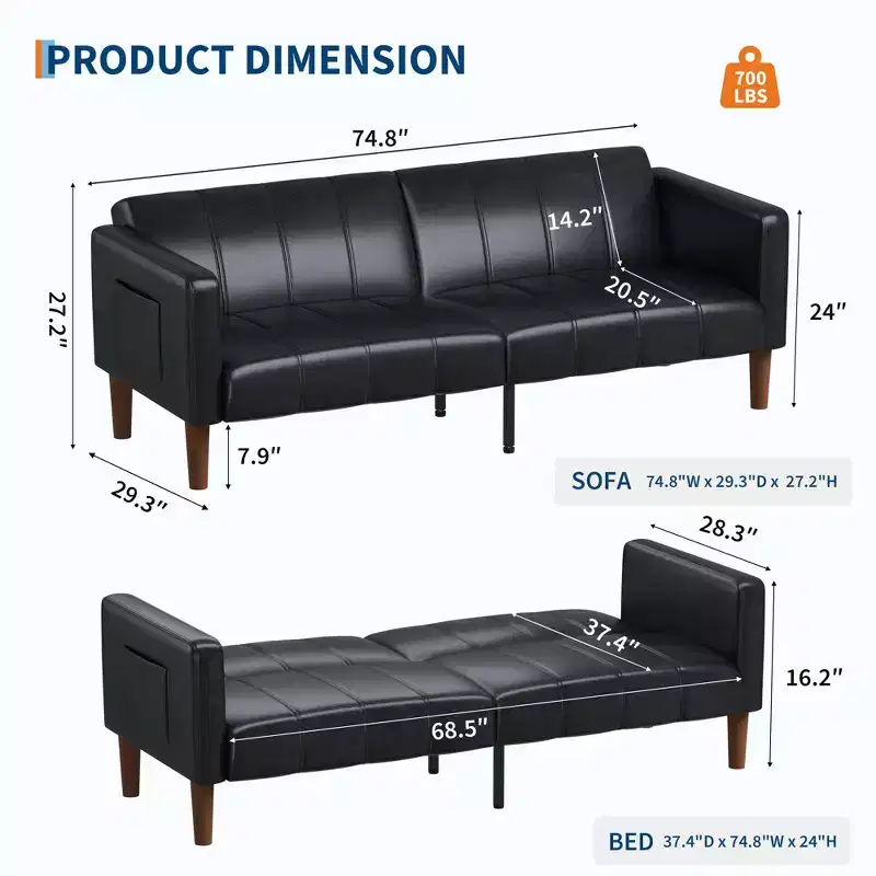 75'' PU Leather Futon Sofa Bed, Convertible Loveseat, Adjustable Backrest, Side Pockets, Space-Saving Sleeper Sofa for Small Spaces