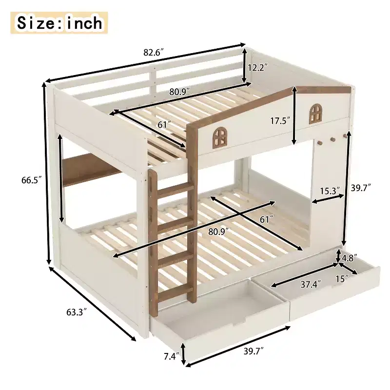 Queen over Queen Bunk Bed with Storage Drawers, Shelves and Hooks, Solid Wood