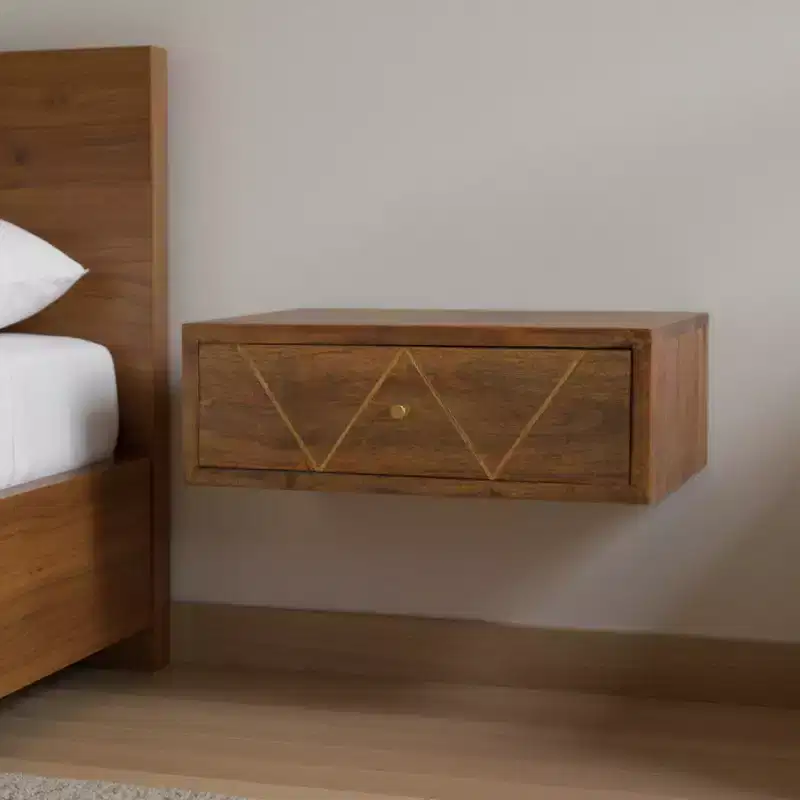 HomeRoots 18 Brown Solid Wood Geometric Brass Inlay One Drawer Floating Nightstand