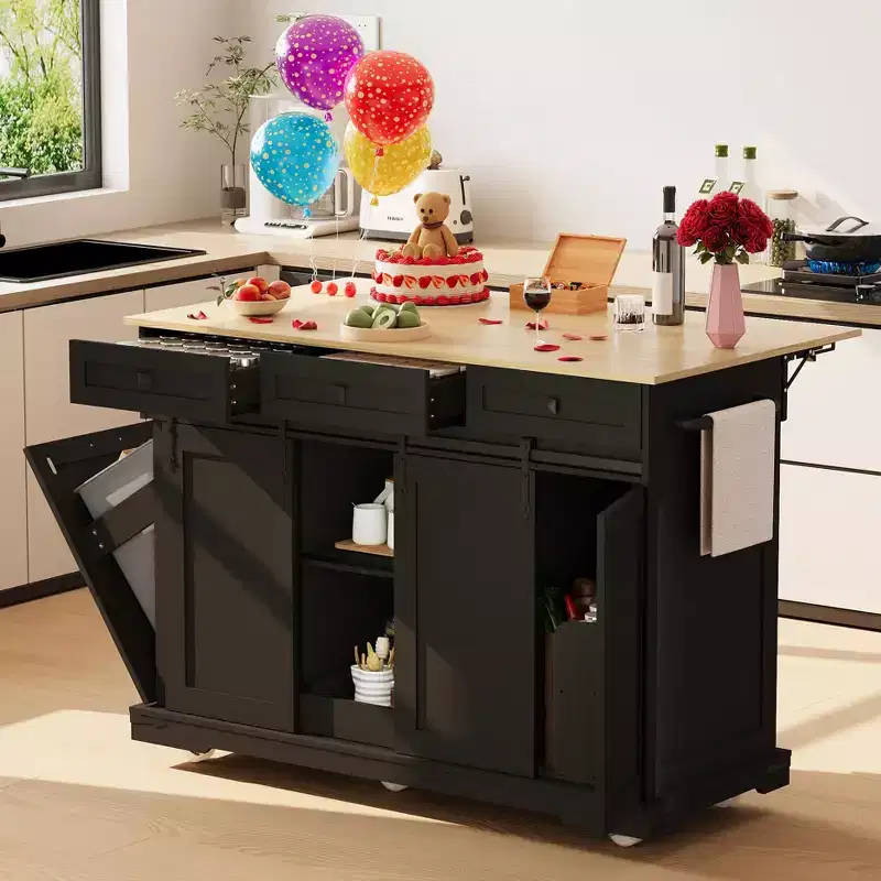 Large Rolling Kitchen Island, Mobile Kitchen Cart on Wheels with Drop Leaf, Trash Can Storage, Spice Rack, Kitchen Island Table for Dining Room