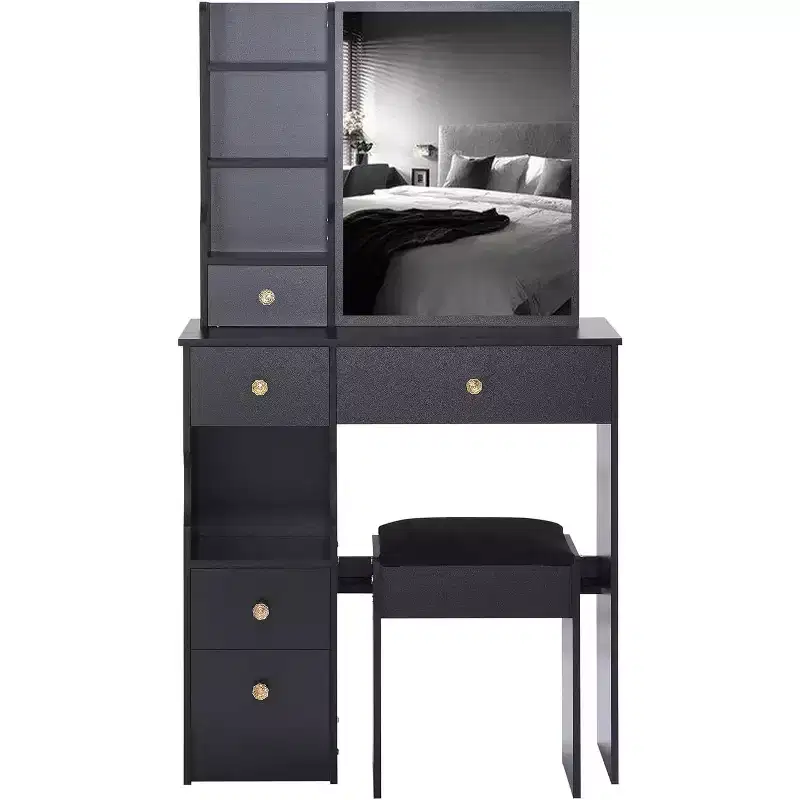 CuisinSmart Left Drawer Desktop Vanity Table Cushioned Stool, Extra Large Sliding Mirror, Multi Layer, High Capacity Storage Dresser for Small Space