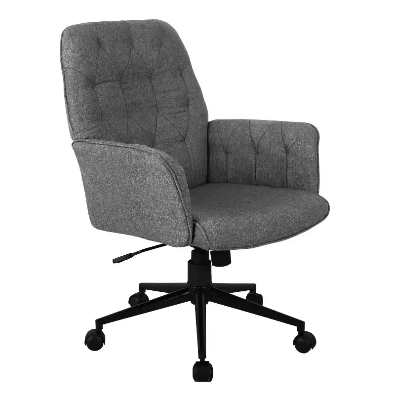 Okak Modern Home Office Desk Chair, Upholstered Tufted Vanity Chair with Arms and Wheels, 360 Swivel Chair for Reading Room, Study, Gray