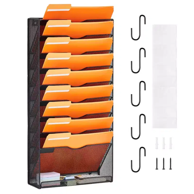 10-Pocket Mesh Wall File Organizer, Metal, Wall Mount, Holds 22 lbs, 12.68