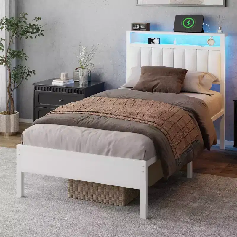 Modern White Twin Bed Frame with Charging Station LED Lights Storage Headboard Upholstered Platform Bed No Box Spring Needed Teen Gaming Bedroom