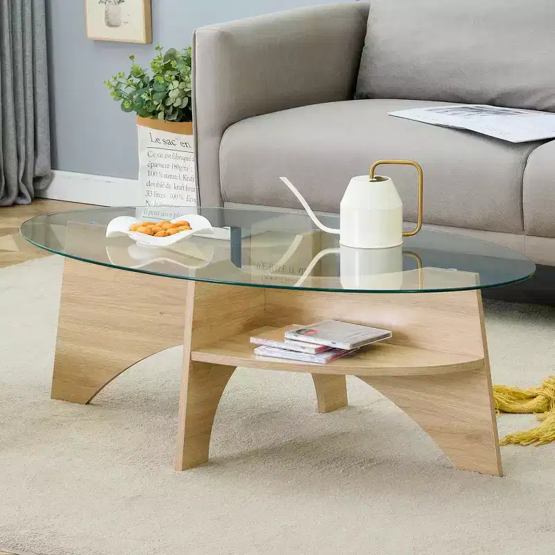 Glass Coffee Table Round Cocktail Table Oval Center Table Accent Table Sofa Table with Diagonal Fan-shaped Tray Leg, Walnut/Natural-ModernLuxe