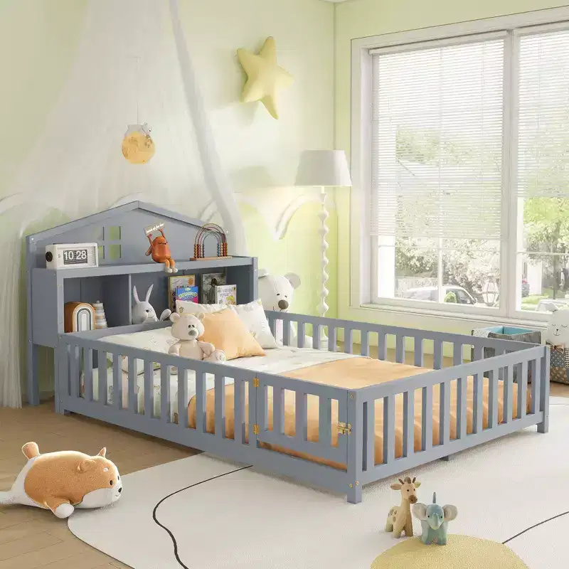 Full Size Montessori Floor Bed with Bookcases, Blackboards and Storage Headboard, Grey