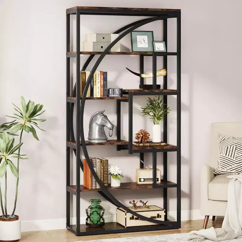 Lantine 70.8-Inch Bookshelf, Industrial 5-Tier Etagere Bookcase with 8 Open Storage Shelves for Home Office, Living Room, Rustic Brown