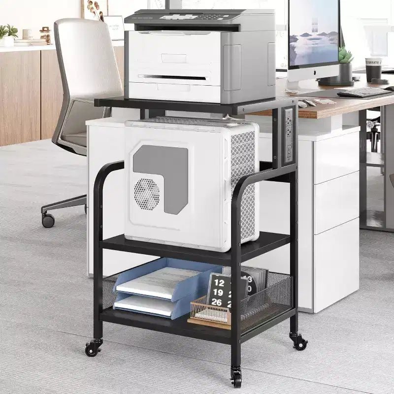 Large Mobile Printer Stand with Power Outlets and USB Ports, Adjustable 3-Tier Rolling Cart with Wheels for Home Office, Rustic Black