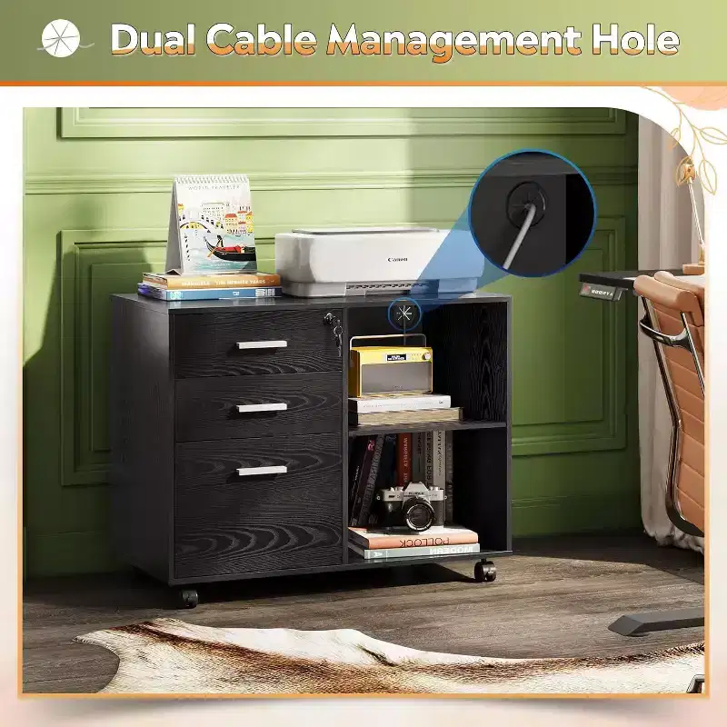 Black/White 3-Drawer Wood File Cabinet with Lock & Wheels, 1-Person