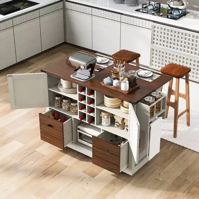 A countertop storage rack with a folding tabletop and power outlet, featuring two doors and two drawers; a kitchen trolley suitable for both kitchens and dining rooms.