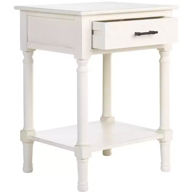 1-Drawer Accent Side Table with Herringbone Detail & Open Shelf, Distressed White